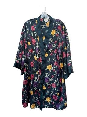 Vintage Satin Floral Robe Tie Front Lounge Kimono L